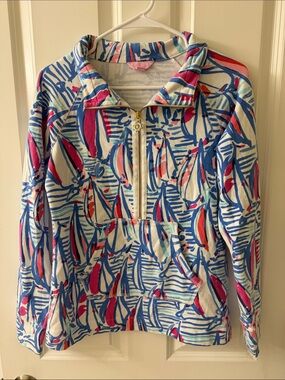 Lilly Pulitzer Abstract Sailboat Half-Zip Pullover in Blue, Pink & White